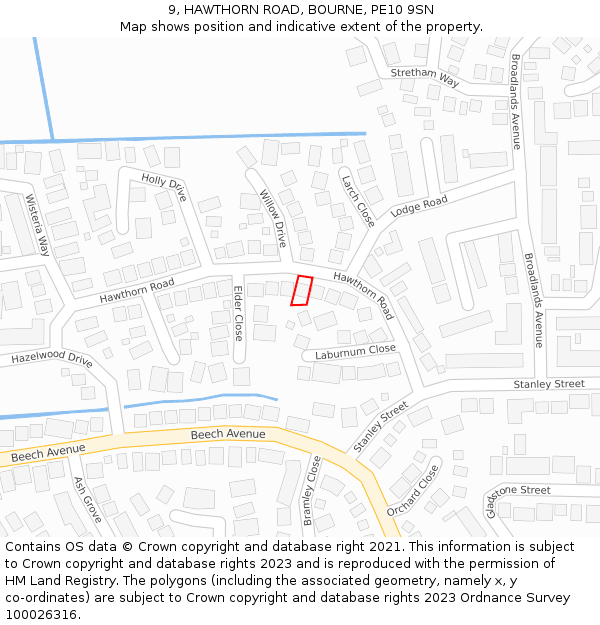 9, HAWTHORN ROAD, BOURNE, PE10 9SN: Location map and indicative extent of plot