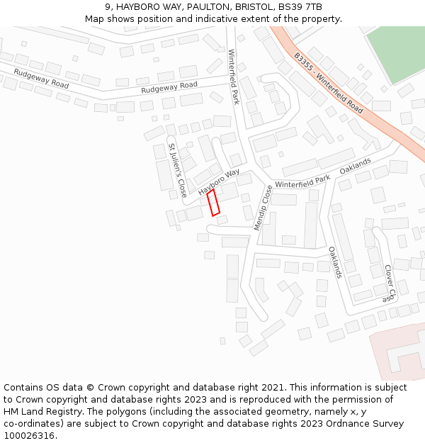 9, HAYBORO WAY, PAULTON, BRISTOL, BS39 7TB: Location map and indicative extent of plot