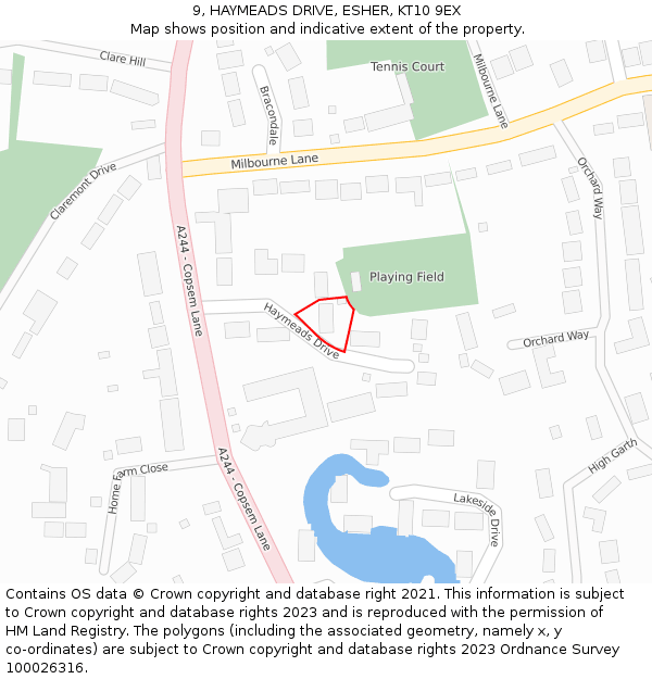 9, HAYMEADS DRIVE, ESHER, KT10 9EX: Location map and indicative extent of plot