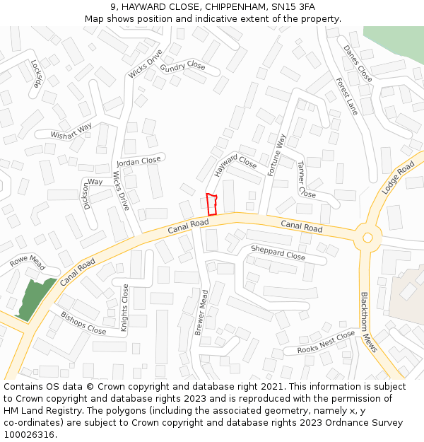 9, HAYWARD CLOSE, CHIPPENHAM, SN15 3FA: Location map and indicative extent of plot