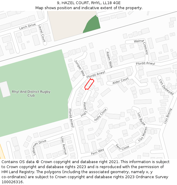 9, HAZEL COURT, RHYL, LL18 4GE: Location map and indicative extent of plot