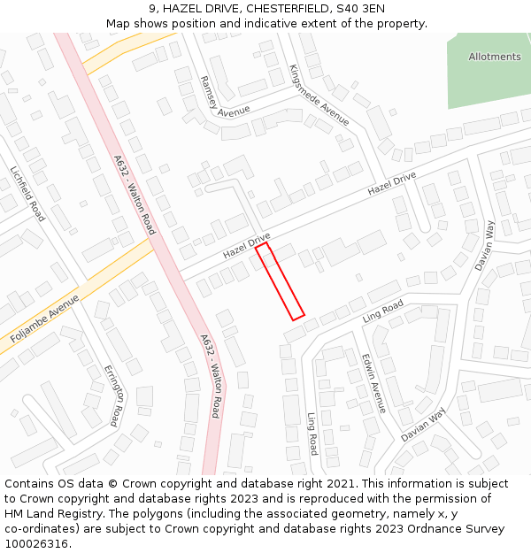 9, HAZEL DRIVE, CHESTERFIELD, S40 3EN: Location map and indicative extent of plot