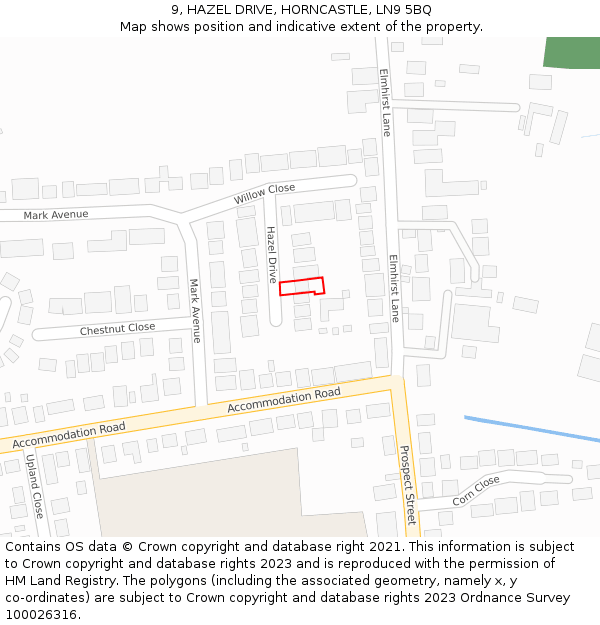 9, HAZEL DRIVE, HORNCASTLE, LN9 5BQ: Location map and indicative extent of plot