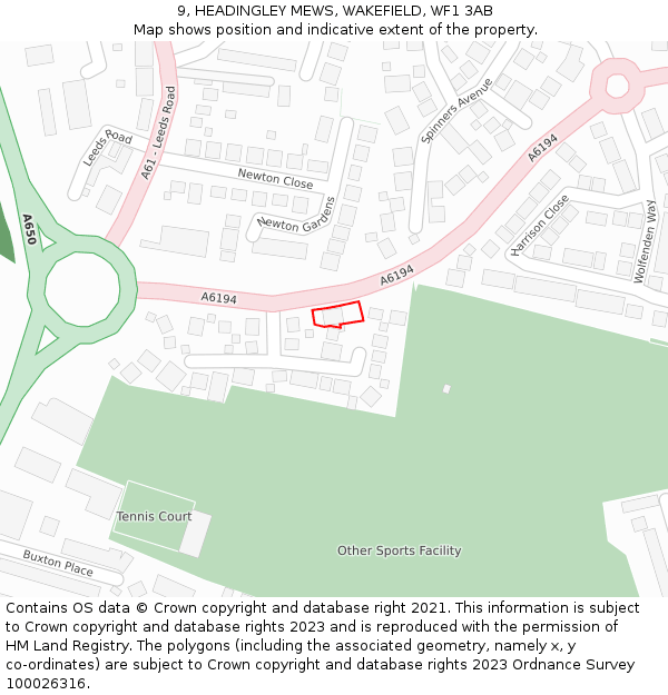 9, HEADINGLEY MEWS, WAKEFIELD, WF1 3AB: Location map and indicative extent of plot