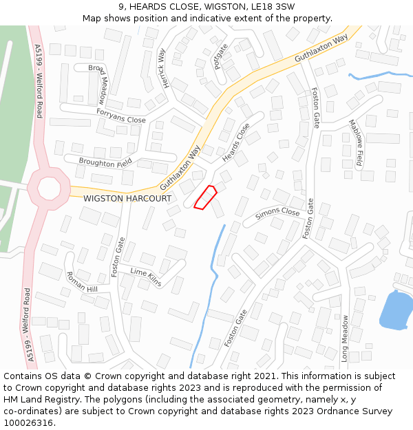 9, HEARDS CLOSE, WIGSTON, LE18 3SW: Location map and indicative extent of plot