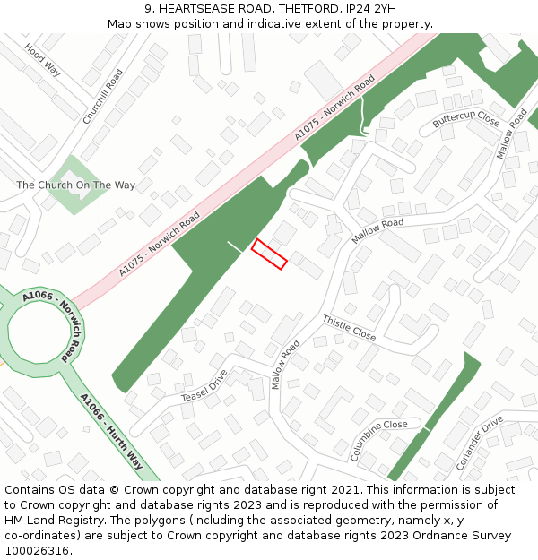 9, HEARTSEASE ROAD, THETFORD, IP24 2YH: Location map and indicative extent of plot