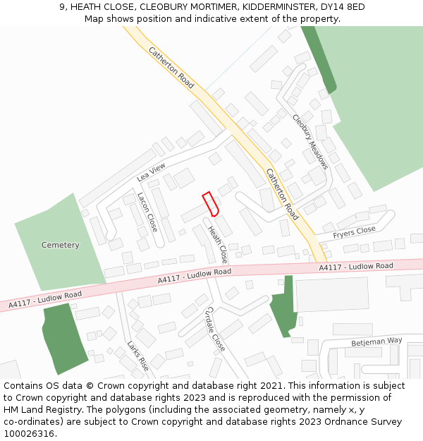 9, HEATH CLOSE, CLEOBURY MORTIMER, KIDDERMINSTER, DY14 8ED: Location map and indicative extent of plot