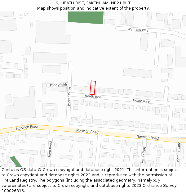 9, HEATH RISE, FAKENHAM, NR21 8HT: Location map and indicative extent of plot