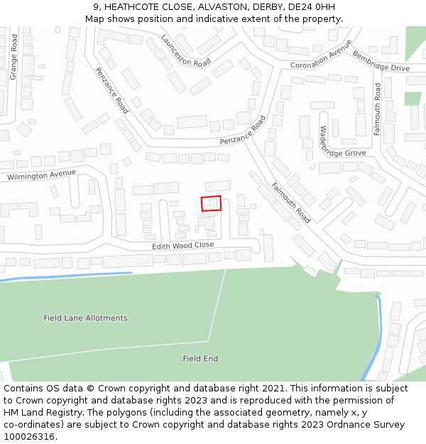 9, HEATHCOTE CLOSE, ALVASTON, DERBY, DE24 0HH: Location map and indicative extent of plot