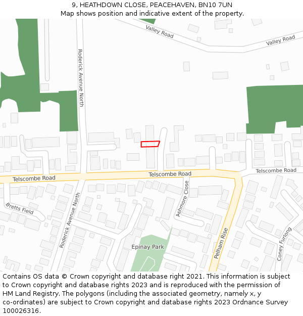 9, HEATHDOWN CLOSE, PEACEHAVEN, BN10 7UN: Location map and indicative extent of plot