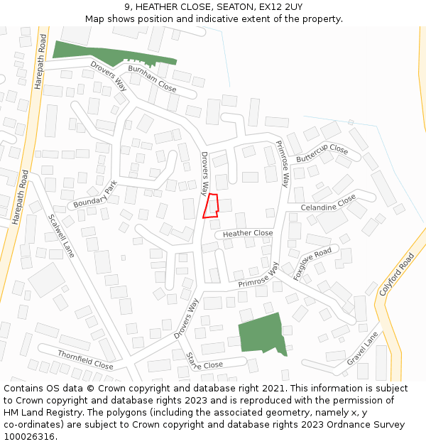 9, HEATHER CLOSE, SEATON, EX12 2UY: Location map and indicative extent of plot