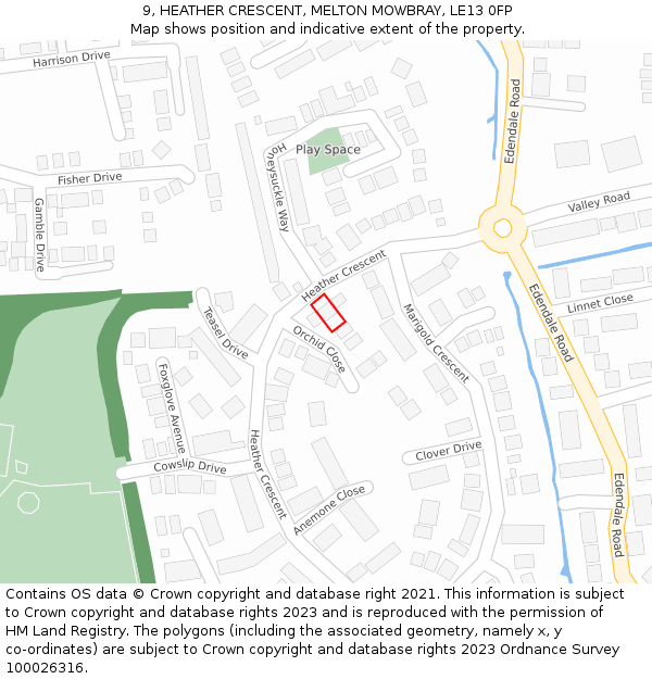 9, HEATHER CRESCENT, MELTON MOWBRAY, LE13 0FP: Location map and indicative extent of plot