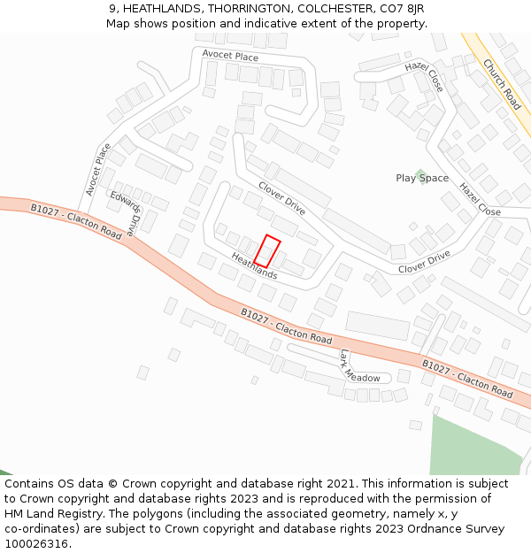 9, HEATHLANDS, THORRINGTON, COLCHESTER, CO7 8JR: Location map and indicative extent of plot