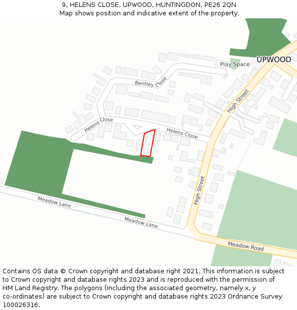 9, HELENS CLOSE, UPWOOD, HUNTINGDON, PE26 2QN: Location map and indicative extent of plot