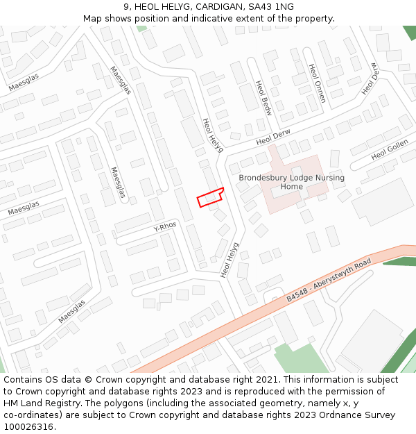 9, HEOL HELYG, CARDIGAN, SA43 1NG: Location map and indicative extent of plot