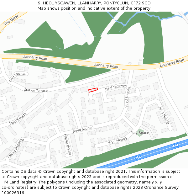 9, HEOL YSGAWEN, LLANHARRY, PONTYCLUN, CF72 9GD: Location map and indicative extent of plot