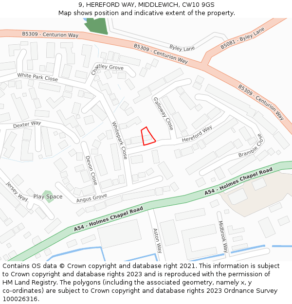 9, HEREFORD WAY, MIDDLEWICH, CW10 9GS: Location map and indicative extent of plot