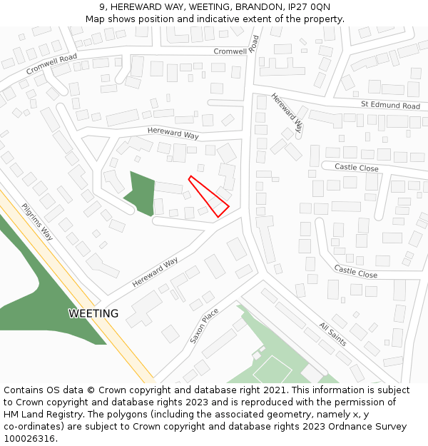 9, HEREWARD WAY, WEETING, BRANDON, IP27 0QN: Location map and indicative extent of plot