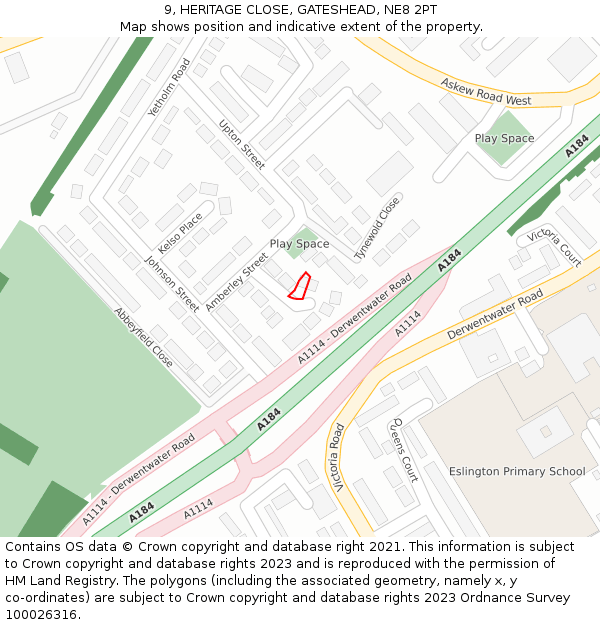 9, HERITAGE CLOSE, GATESHEAD, NE8 2PT: Location map and indicative extent of plot