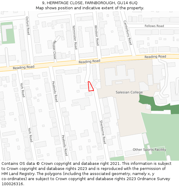 9, HERMITAGE CLOSE, FARNBOROUGH, GU14 6UQ: Location map and indicative extent of plot