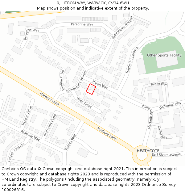 9, HERON WAY, WARWICK, CV34 6WH: Location map and indicative extent of plot