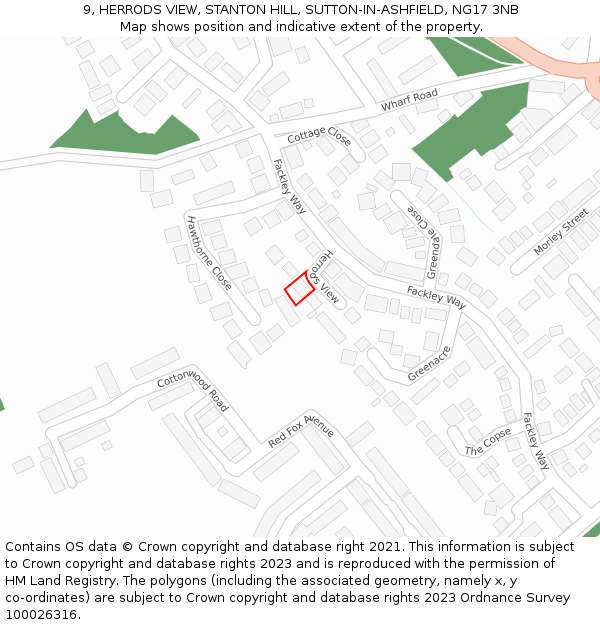 9, HERRODS VIEW, STANTON HILL, SUTTON-IN-ASHFIELD, NG17 3NB: Location map and indicative extent of plot