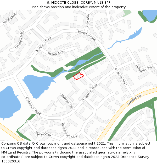9, HIDCOTE CLOSE, CORBY, NN18 8PF: Location map and indicative extent of plot