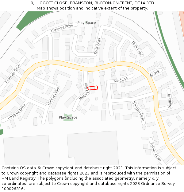 9, HIGGOTT CLOSE, BRANSTON, BURTON-ON-TRENT, DE14 3EB: Location map and indicative extent of plot