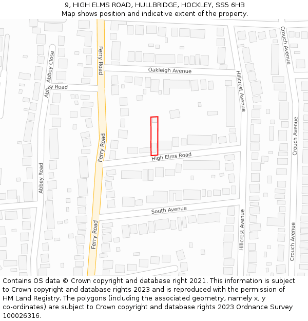 9, HIGH ELMS ROAD, HULLBRIDGE, HOCKLEY, SS5 6HB: Location map and indicative extent of plot