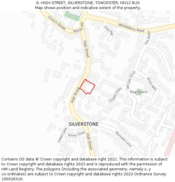 9, HIGH STREET, SILVERSTONE, TOWCESTER, NN12 8US: Location map and indicative extent of plot