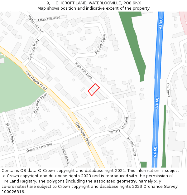 9, HIGHCROFT LANE, WATERLOOVILLE, PO8 9NX: Location map and indicative extent of plot