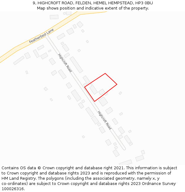 9, HIGHCROFT ROAD, FELDEN, HEMEL HEMPSTEAD, HP3 0BU: Location map and indicative extent of plot