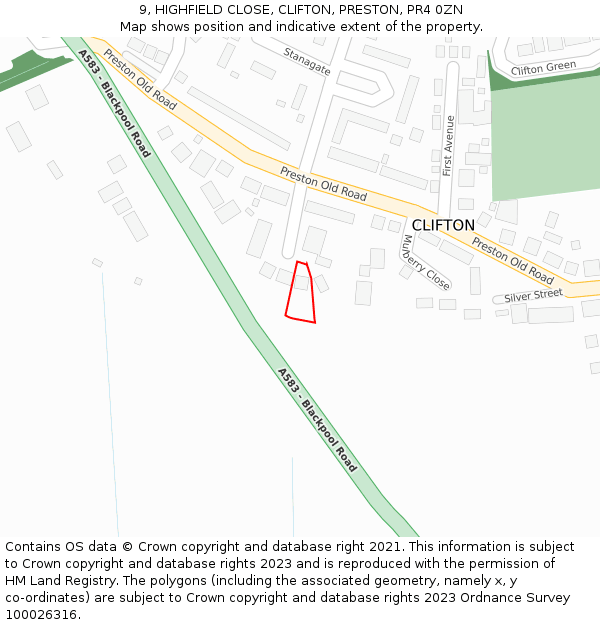 9, HIGHFIELD CLOSE, CLIFTON, PRESTON, PR4 0ZN: Location map and indicative extent of plot