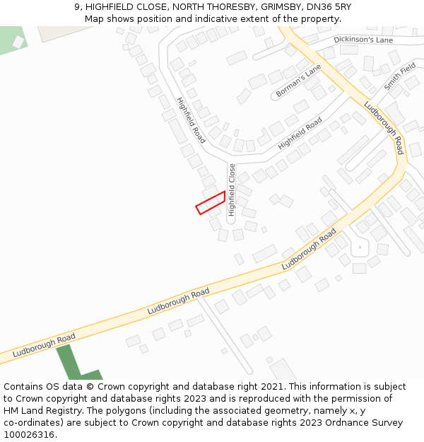 9, HIGHFIELD CLOSE, NORTH THORESBY, GRIMSBY, DN36 5RY: Location map and indicative extent of plot