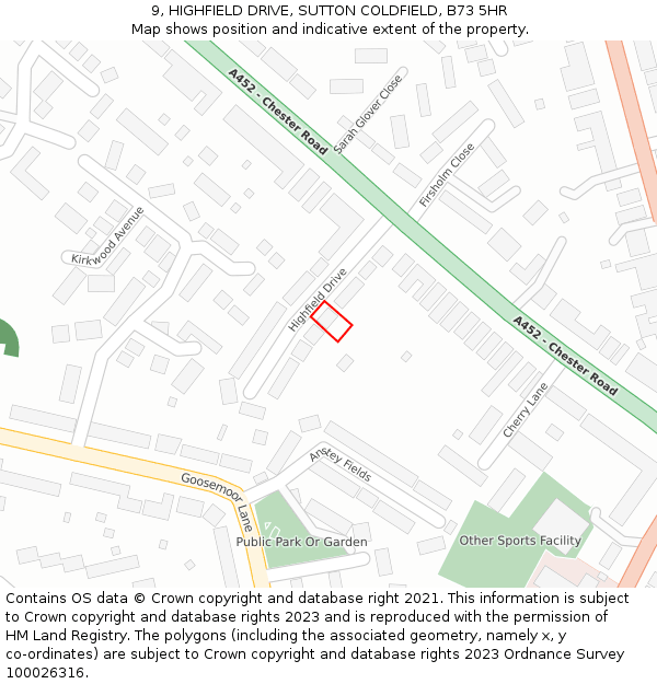 9, HIGHFIELD DRIVE, SUTTON COLDFIELD, B73 5HR: Location map and indicative extent of plot