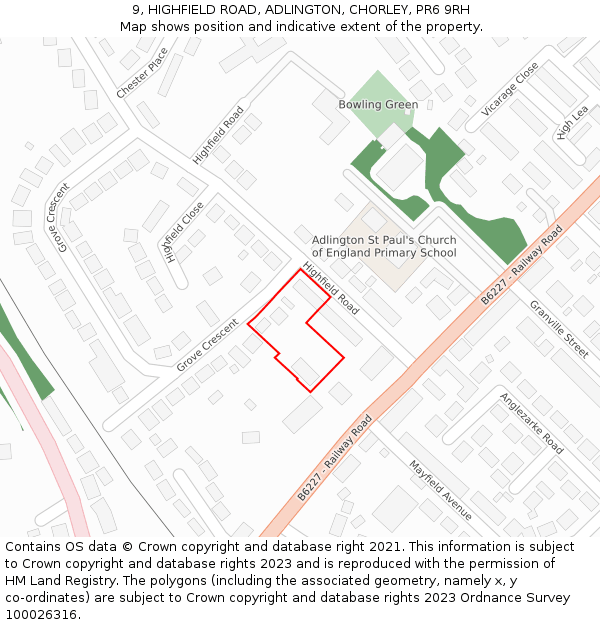 9, HIGHFIELD ROAD, ADLINGTON, CHORLEY, PR6 9RH: Location map and indicative extent of plot