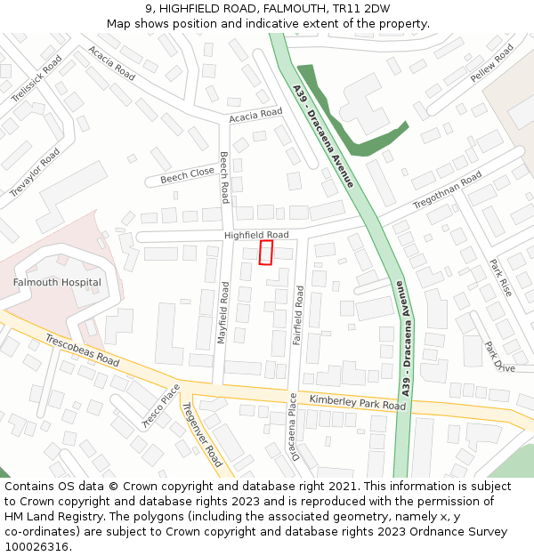 9, HIGHFIELD ROAD, FALMOUTH, TR11 2DW: Location map and indicative extent of plot