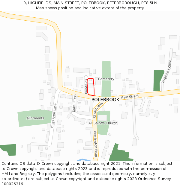 9, HIGHFIELDS, MAIN STREET, POLEBROOK, PETERBOROUGH, PE8 5LN: Location map and indicative extent of plot