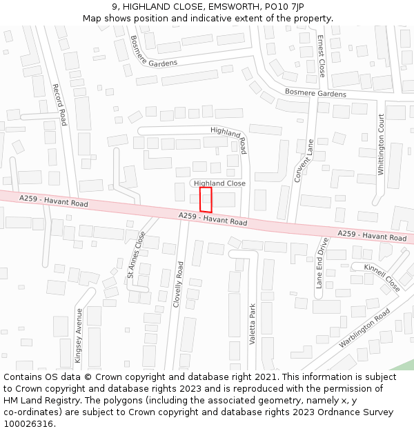 9, HIGHLAND CLOSE, EMSWORTH, PO10 7JP: Location map and indicative extent of plot