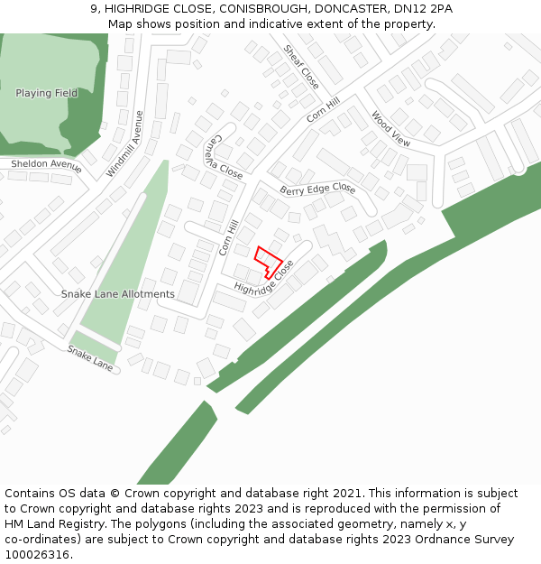 9, HIGHRIDGE CLOSE, CONISBROUGH, DONCASTER, DN12 2PA: Location map and indicative extent of plot