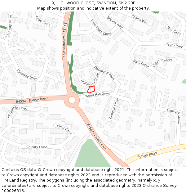 9, HIGHWOOD CLOSE, SWINDON, SN2 2RE: Location map and indicative extent of plot