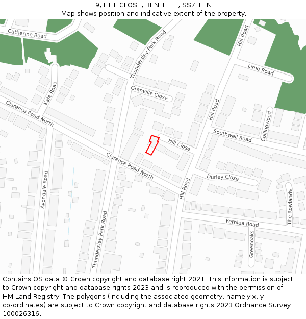 9, HILL CLOSE, BENFLEET, SS7 1HN: Location map and indicative extent of plot