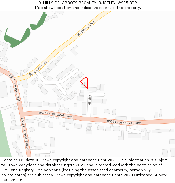 9, HILLSIDE, ABBOTS BROMLEY, RUGELEY, WS15 3DP: Location map and indicative extent of plot