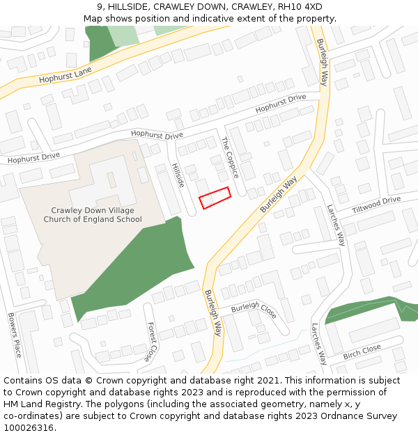 9, HILLSIDE, CRAWLEY DOWN, CRAWLEY, RH10 4XD: Location map and indicative extent of plot