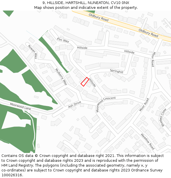 9, HILLSIDE, HARTSHILL, NUNEATON, CV10 0NX: Location map and indicative extent of plot