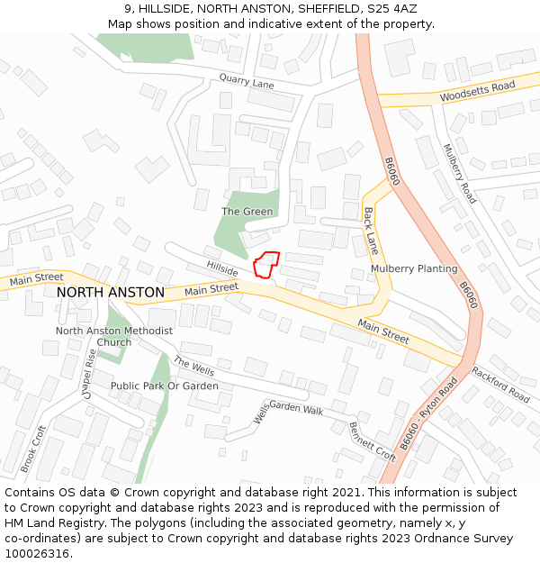 9, HILLSIDE, NORTH ANSTON, SHEFFIELD, S25 4AZ: Location map and indicative extent of plot