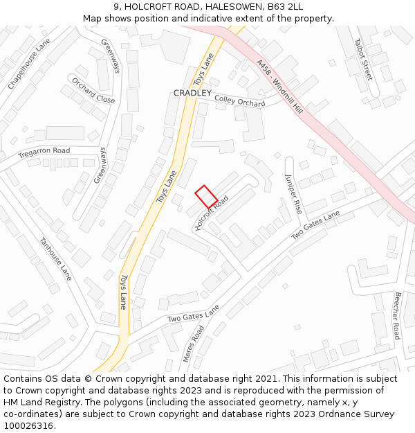 9, HOLCROFT ROAD, HALESOWEN, B63 2LL: Location map and indicative extent of plot