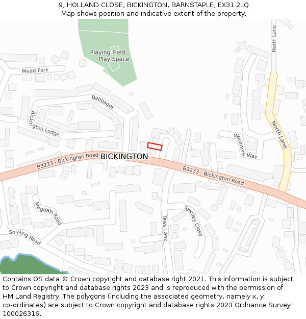 9, HOLLAND CLOSE, BICKINGTON, BARNSTAPLE, EX31 2LQ: Location map and indicative extent of plot