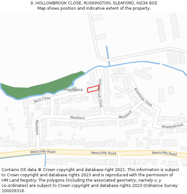 9, HOLLOWBROOK CLOSE, RUSKINGTON, SLEAFORD, NG34 9GS: Location map and indicative extent of plot