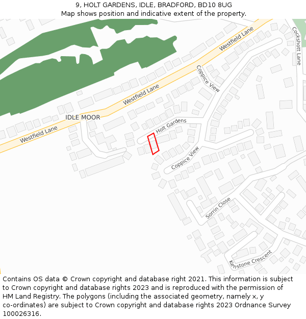 9, HOLT GARDENS, IDLE, BRADFORD, BD10 8UG: Location map and indicative extent of plot